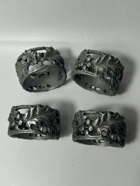 Longaberger Pewter Napkin Ring Holders 4 Engraved Floral Holly Leaves Berries